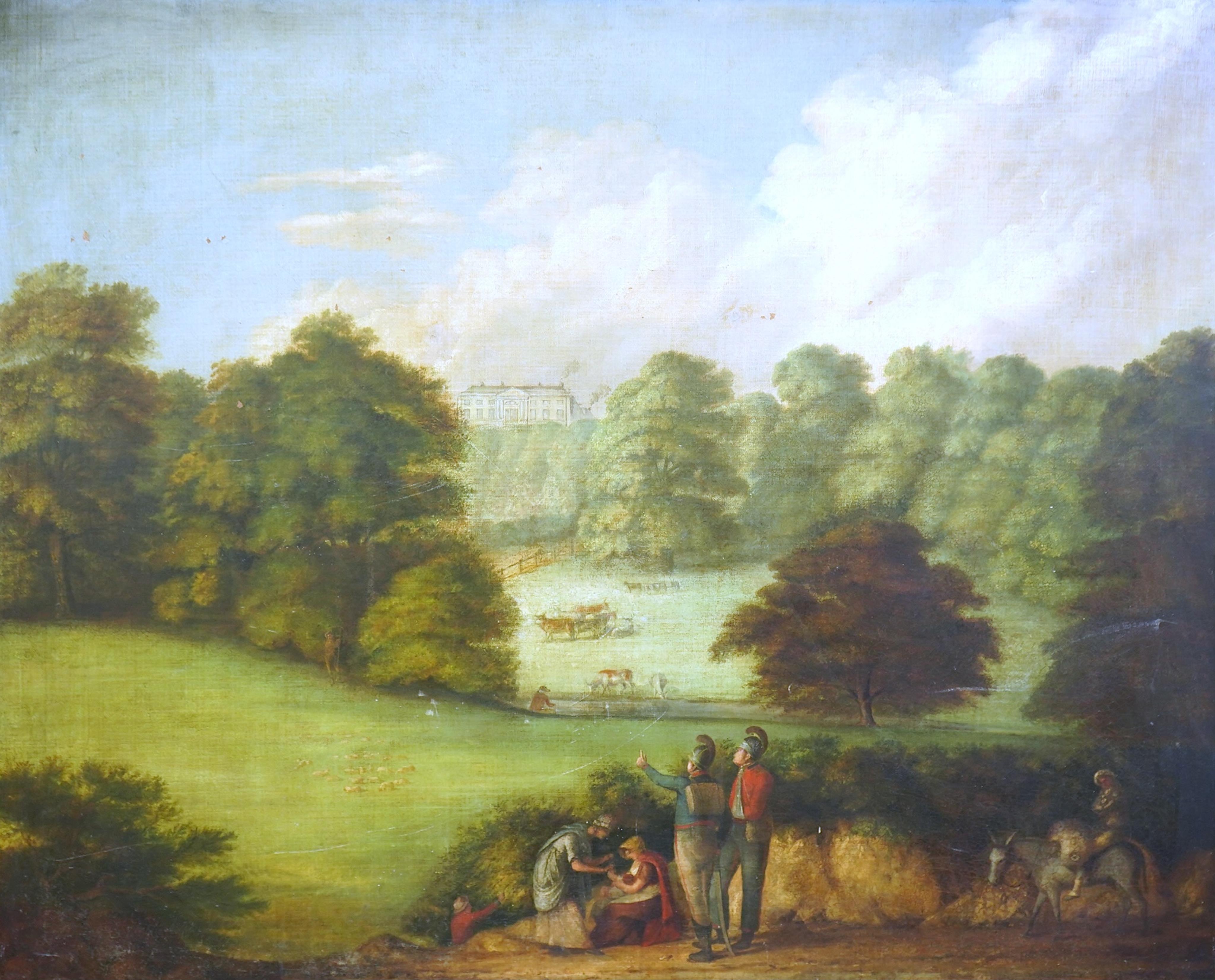 Late 18th century English School , Cavalry officers in parkland, oil on canvas, 102 x 127cm